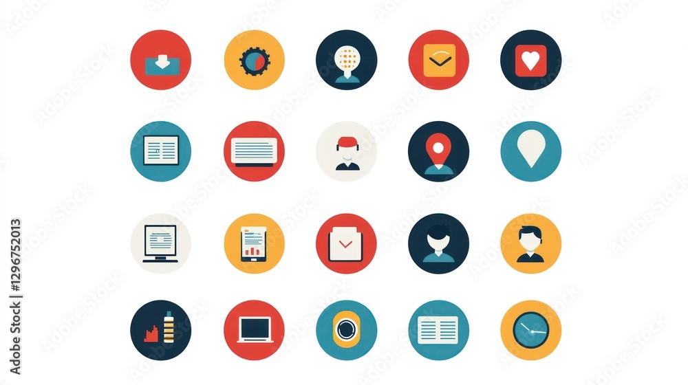 Poster a flat-design collection of icons, featuring concepts like social distancing in the workplace and vi