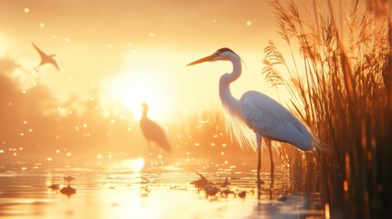 Herons Fishing at Dawn with Stunning Reflections