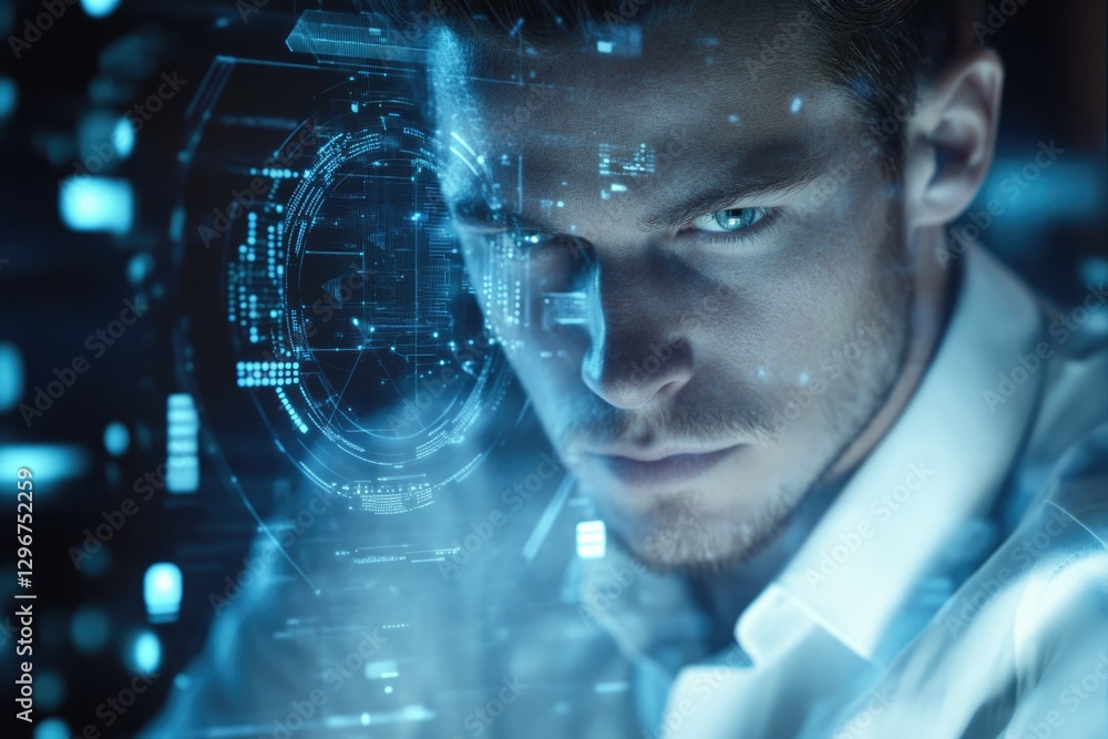 Aufkleber A man's face is overlaid with a futuristic digital interface, suggesting technological integration or augmented reality.