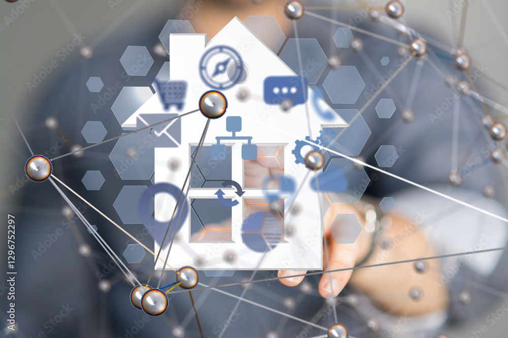 Poster home data. Digital cyberspace with particles and Digital data network connections concept.