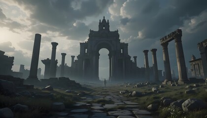 Fototapeta premium Lonely figure walks path, ancient ruins backdrop, misty atmosphere.