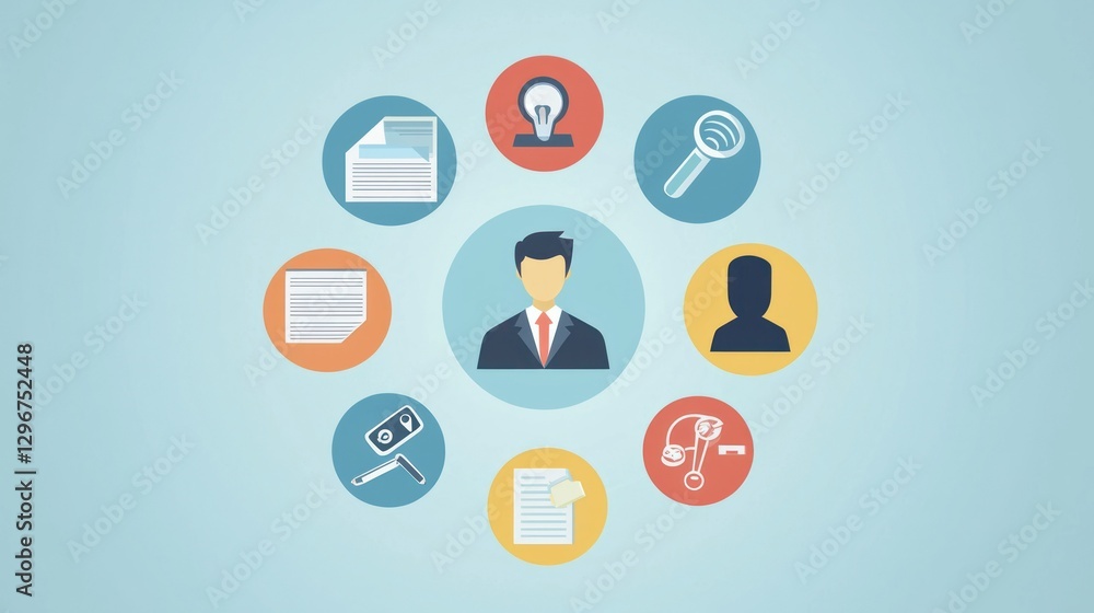 Poster a flat-design icon set with round icons showcasing business tools and professional settings.