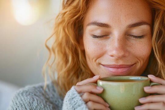 Сalm young curly redhead woman with closed eyes and smile drinking herbal tea with ashwagandha, copy space for text. Concept Medicinal Herb, superfood, Ayurveda, herbal supplement 
