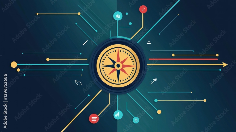 Poster A flat-design infographic with a compass at the center and labeled directional paths.
