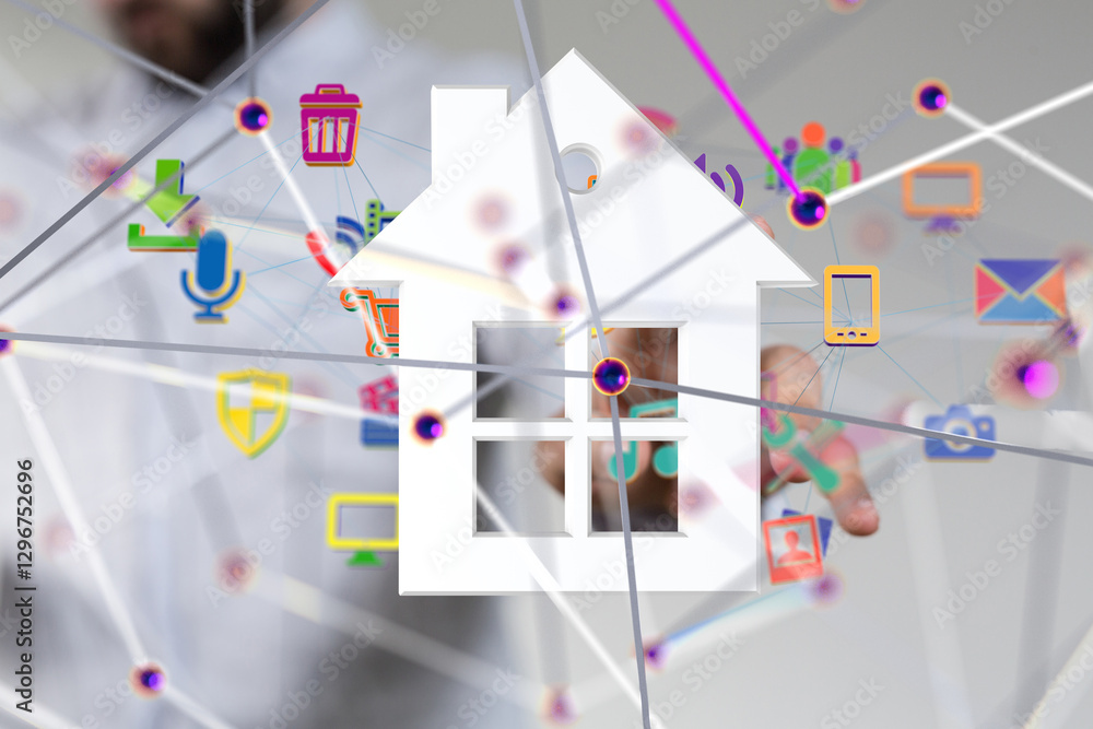 Poster home data. Digital cyberspace with particles and Digital data network connections concept. - 3d