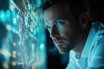 A focused man intently studies complex data displayed on a large, vibrant screen, analyzing intricate information.