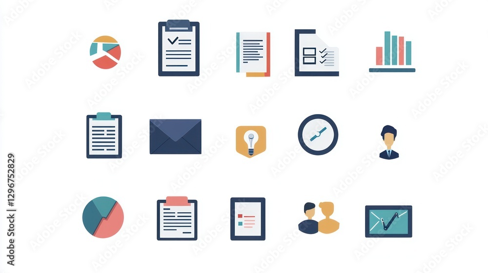 Poster a flat-style icon set representing various business functions, from marketing to hr.