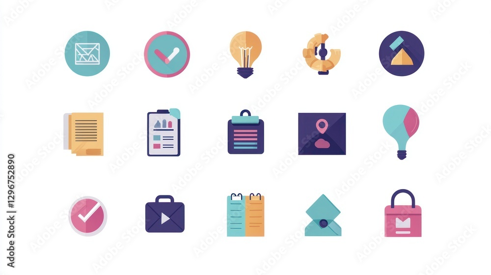 Poster a flat-style icon set representing various business functions, from marketing to hr.