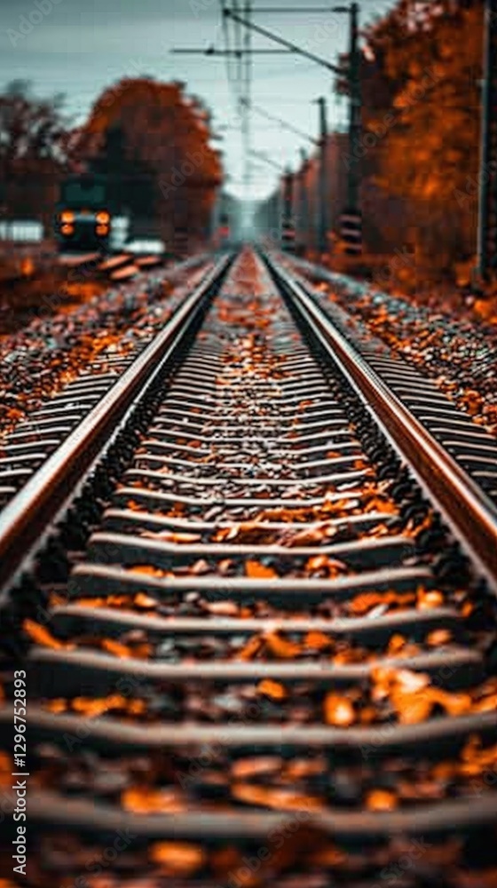 Poster a tranquil view of railway tracks surrounded by autumn leaves, creating a warm and nostalgic atmosph