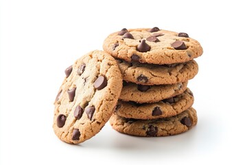 stack of chocolate chip cookies on a white background