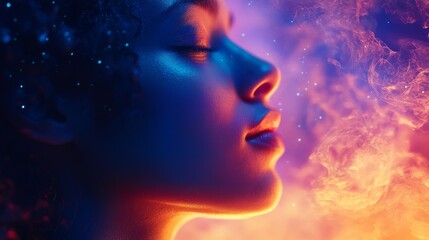 Obraz premium Ethereal portrait of a woman with glowing skin, surrounded by colorful smoke and light effects