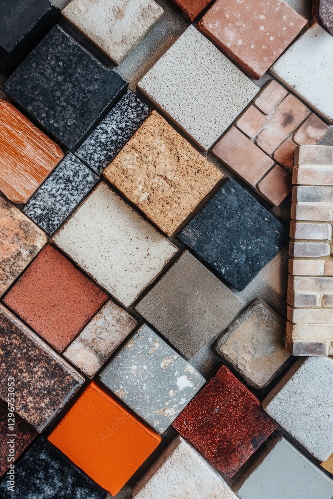 Poster a creative flat lay of brick samples in various colors and textures arranged in a pattern