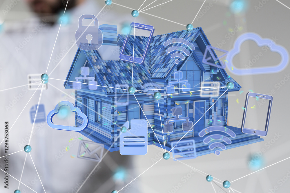 Poster home iot - neural network 3d illustration. big data and cybersecurity