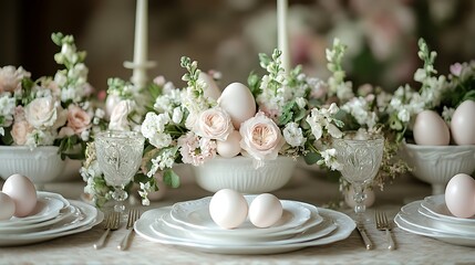 An elegant Easter brunch table with floral table settings, pastel-colored dishes, and beautifully arranged Easter eggs as the centerpiece.