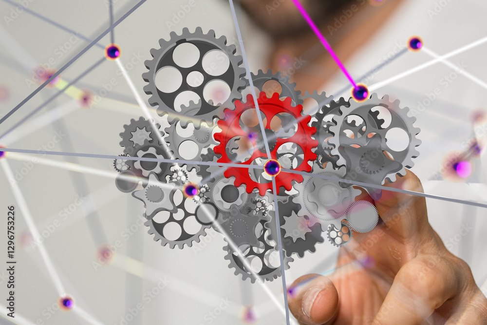 Poster gear system data. Connecting lines and dots.Big data visualization  - 3d