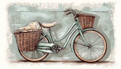 Fototapeta na wymiar Pastel bike, wicker baskets, brick wall