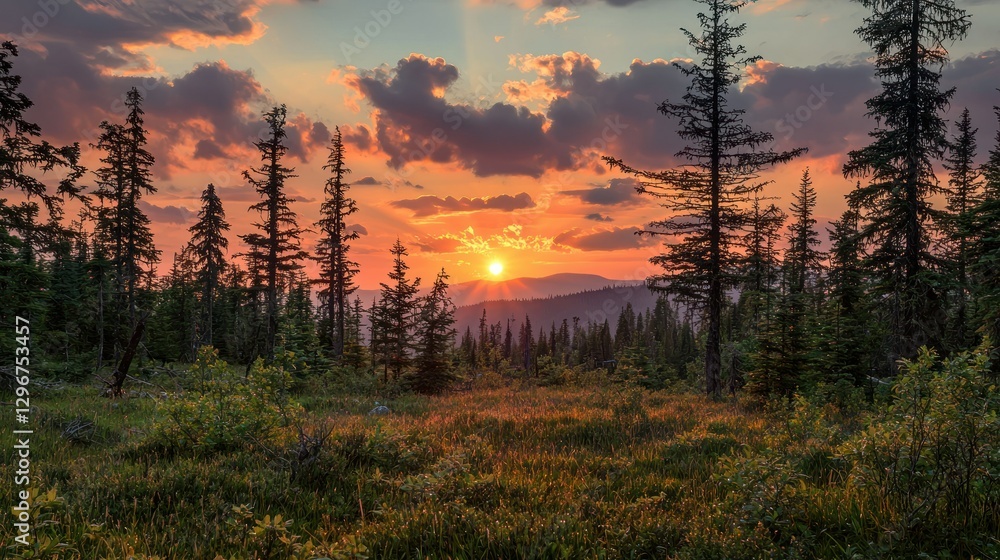 Poster A forest clearing illuminated by the vivid orange hues of a setting sun.
