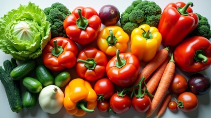 A vibrant composition of fresh vegetables including peppers, carrots, cucumbers, and broccoli. Perfect for health, food, and organic themes.