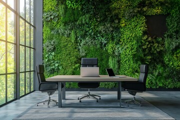 Obraz premium Office with green walls made of living plants and a large window, a table with office chairs and solar powered laptops in the middle of the room. Concept eco office, sustainable lifestyle