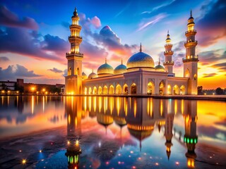 Naklejka premium Ramadan Night: Illuminated Mosque with Blurred Background - Copy Space