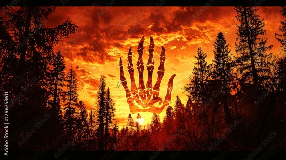 Poster a forest clearing illuminated by the vivid orange hues of a setting sun.