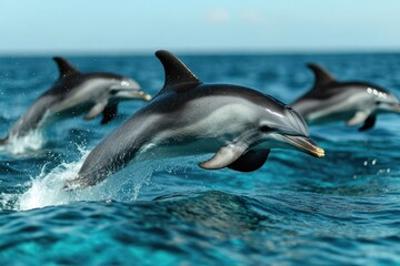 Fototapeta premium Dolphins gracefully leap from vibrant ocean waters, showcasing t