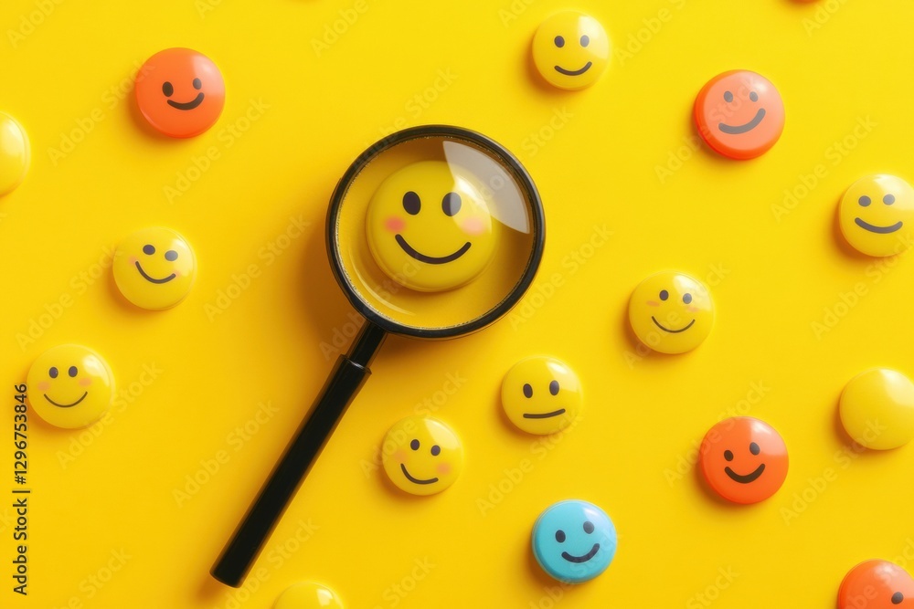Fototapete Magnifying glass focuses on smiling buttons against a bright yellow background in a cheerful setting. Generative AI