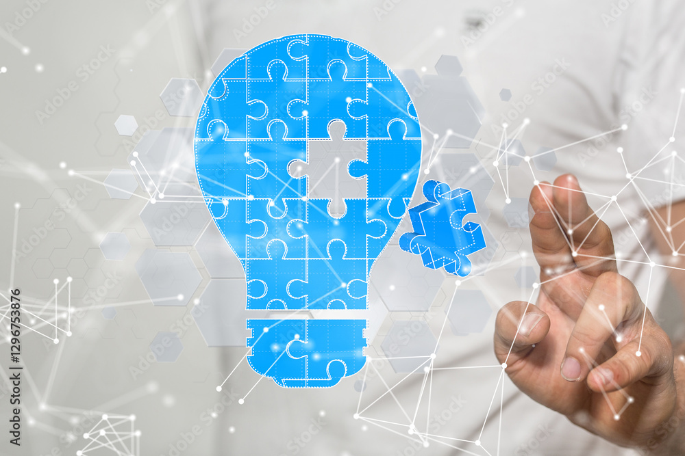 Poster Neural network 3D illustration. Big data and cybersecurity
