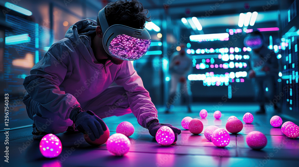 Aufkleber a person in a futuristic outfit with a glowing helmet interacts with illuminated spherical objects i