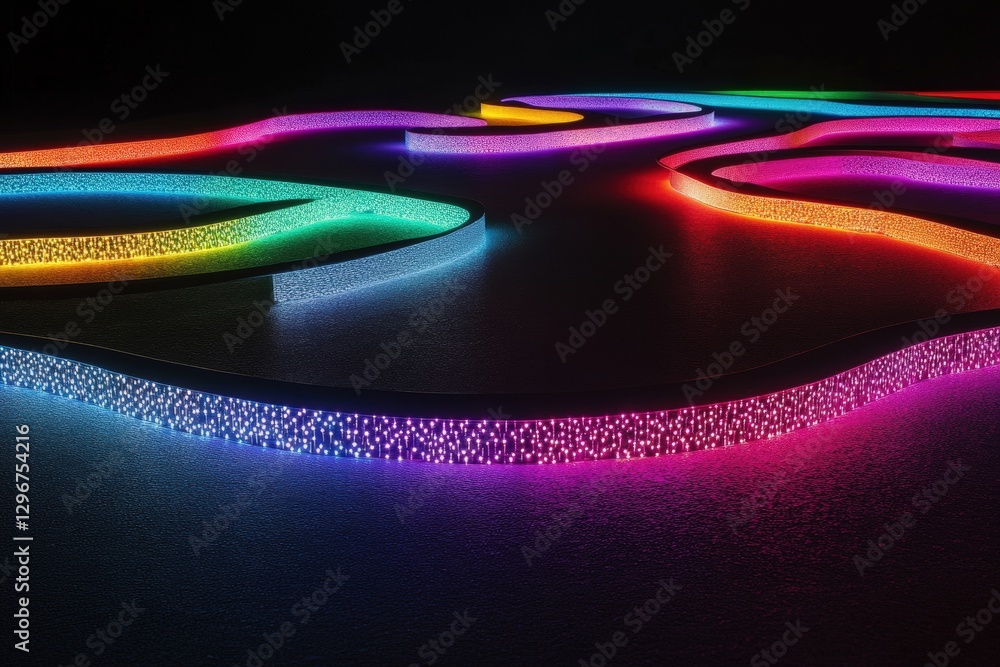 Poster a creative flat lay of colorful led strips forming intricate patterns on a dark surface