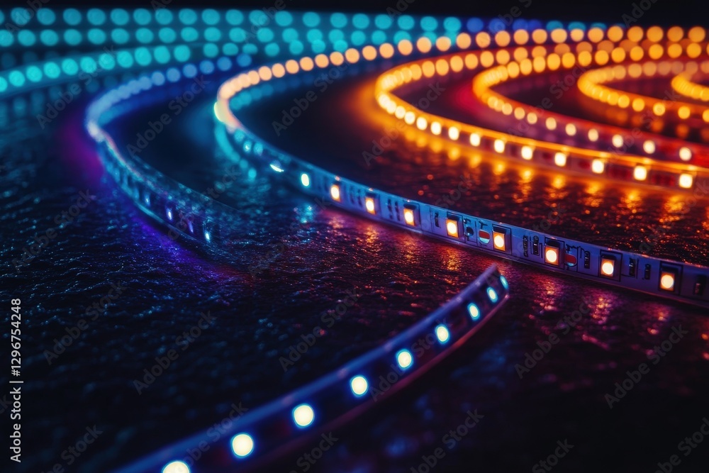 Poster a creative flat lay of colorful led strips forming intricate patterns on a dark surface
