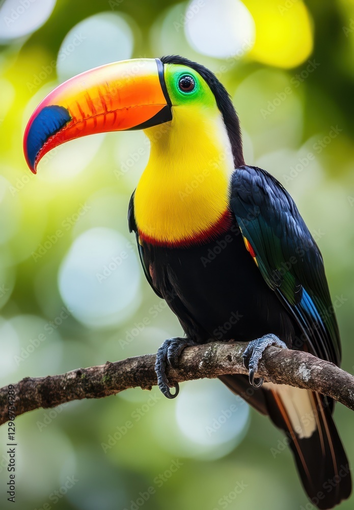 Poster close-up of a vibrant toucan perched on a branch surrounded by lush greenery in a tropical forest se