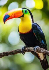 Fototapeta premium Close-Up of a Vibrant Toucan Perched on a Branch Surrounded by Lush Greenery in a Tropical Forest Setting with Colorful Beak