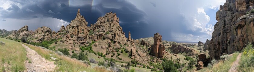 Fototapeta premium A panoramic view of rugged rock formations under a dramatic sky, showcasing a blend of nature's beauty and geological features.