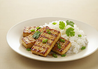 Sesame-Crusted Tofu with Cilantro and Rice.
