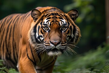 Fototapeta premium Majestic tiger prowling through lush greenery, showcasing striki