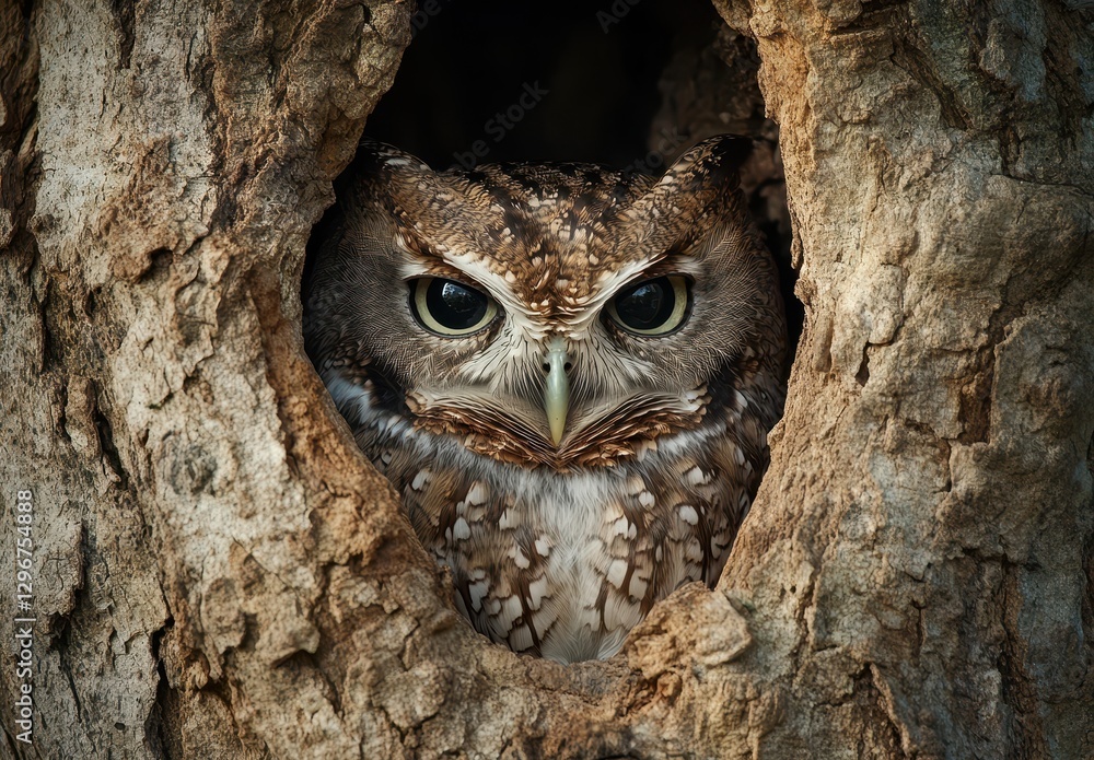 Poster close-up of an owl peering out from a tree hollow in a forest setting with detailed feathers and vib