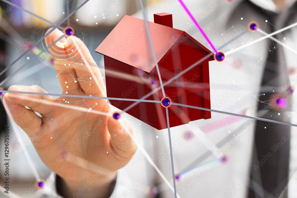 Poster home data. Digital cyberspace with particles and Digital data network connections concept. - 3d
