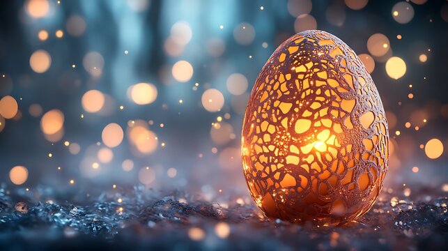 Artistic Easter scene featuring Elegant lace-patterned Easter egg and Neon modern Easter typography, soft lighting, delicate details, elegant design, perfect for seasonal graphics. 