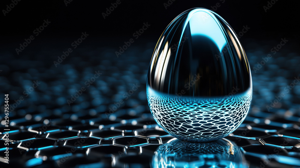 Aufkleber a reflective, metallic egg-shaped object rests on a textured surface, illuminated by soft blue light
