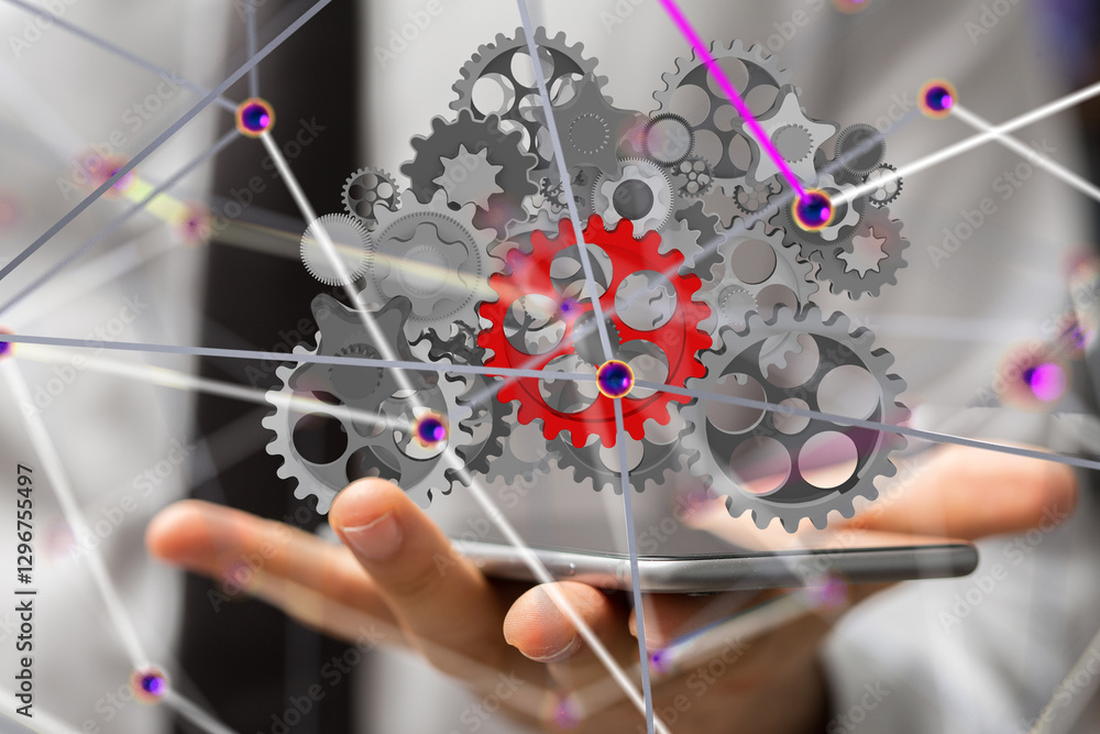 Poster gear system data. Connecting lines and dots.Big data visualization  - 3d