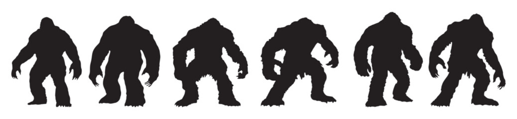 Bigfoot, Yeti, Wild Monster, Sasquatch black silhouettes set. Flat vector illustrations isolated on transparent background
