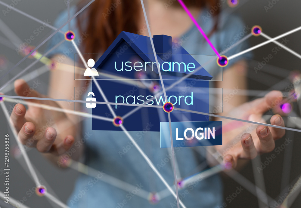 Poster home iot - Neural network 3D illustration. Big data and cybersecurity - 3d