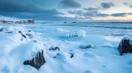 Obraz premium Snow-covered landscape with icy rocks and serene ocean waves at
