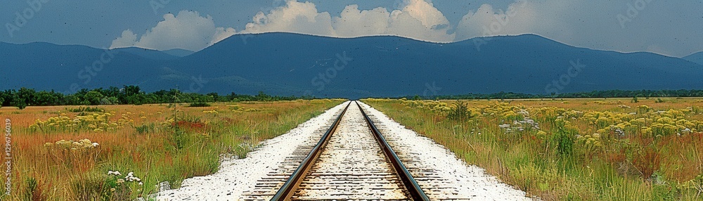 Poster a serene landscape featuring a long stretch of railway tracks, bordered by lush fields and distant m