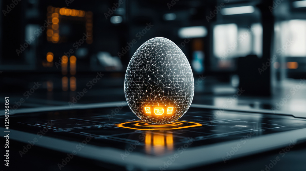 Aufkleber a futuristic, illuminated egg sits on a sleek surface in a high-tech environment, reflecting light a