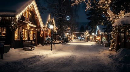 Winter night scene with charming snowy village lights high resolution picture