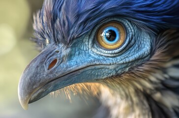Fototapeta premium Close-Up Portrait of a Colorful Bird with Striking Blue and Yellow Features, Captivating Eye Detail and Unique Feather Texture