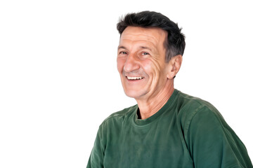Fototapeta premium Happy senior man smiling and laughing, looking away, isolated on transparent background