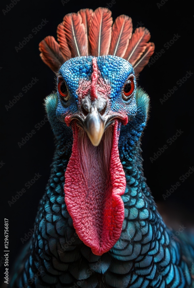Poster close-up portrait of a colorful bird with vibrant blue and red plumage displaying an open beak again